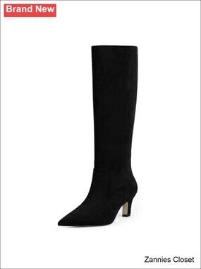 ✨ Pointed Toe Knee High Boots Kitten Heel Tall Faux Leather Women's Zip Boots